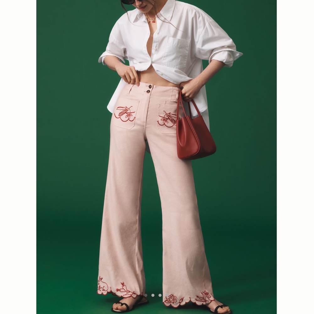 🥬🐇NWOT Anthropologie Maeve Junie Embroidered High-Rise Flare Pants 29 Bunny - Picture 3 of 15